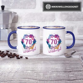 Geburtstags-Tasse 70 and Wonderful Geburtstags-Geschenk zum 70. Geburtstag als Geschenkidee für die Frau/Abstrakt/Bunt/Kaffeetasse/Innen & Henkel Dunkelblau