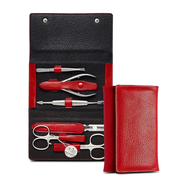 nippes Solingen Premium Line Wild Red Manicure Set, 6 Pieces, Stainless Steel, Rust- and Nickel-Free, Cowhide Case with Press Studs, Red/Black, Nail Set, Nail Care Set, Made in Germany