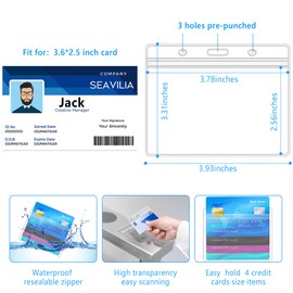 SEAVILIA 20 Pack Extra Thick Horizontal ID Card Name Tag Badge Holder Clear Waterproof ID Holder with Resealable Zip, 4.1" x 3.3" Inches for Nurses and Office, Fits ID Card, Credit Card, Student Card