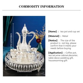 Turkish Coffee Cup and Tea Pot Set Including Teapot,Tea Tray,6 Metal Cups,Tea Service Set for Tea Table Decor,Hip Flask(Silver)