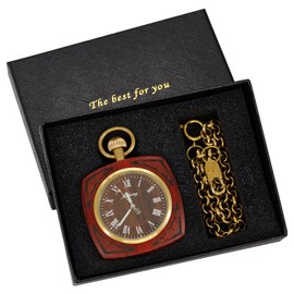 Tiong Reddish Brown Square Wooden Quartz Pocket Watch with Chain, Uncovered Roman Digital Dial Quartz Wood Pocket Watch for Men-red