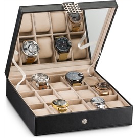 Glenor Co Watch Box - 15 Slot Classic Watch Case Display Organizer with Modern Buckle -Black