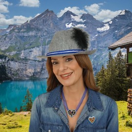 BF Souvenirs Bavarian Party Hans Hat Light Grey with Feather and Hat Band Fendora – Costume Carnival Oktoberfest Fancy Dress Folk Festival Hut Party Bavaria Tyrol