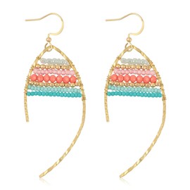 Bohemian Beaded Statement Earrings - Lightweight Sparkly Crystal Round Dangle Drop, Multi Color Rainbow Circle Hoops (Wired Beads Earrings - Mint)