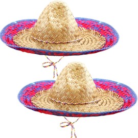 2 Pcs Mexican Sombrero Hat Large Wide Brim Straw Hat with Serape Trim for Adult Mexican Dress Up Accessories (color set 1)