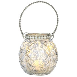 Cultural Intrigue Luna Bazaar Hanging Mercury Glass Candle Holder with Rhinestones (2.5-Inch, Aria Design, Silver) - for Use with Tea Lights - for Home Decor, Parties, and Wedding Decorations