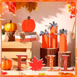 FoldTier 11pcs Fall Decorations for Home Fall Table Decoration Pumpkin Tiered Tray Decor Maple Leaf Wooden Sign Autumn Pumpkin Tabletop Stack Faux Books Centerpiece for Thanksgiving Harvest Party