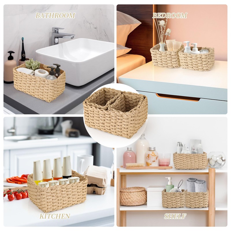 Aramanara 3 Pcs Woven Storage Baskets, Rectangle Wicker Hamper Basket,