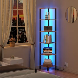 TUTOTAK Corner Shelf with LED Light, 6-Tier Corner Bookshelf for Small Space, Narrow Display Corner Shelf Stand with Storage Rack, for Living Room, Bedroom, Rustic Brown BS08BB006L