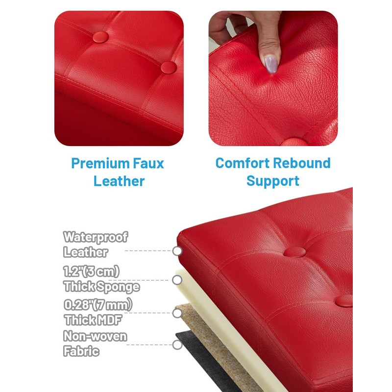 AmasSmile Red Storage Ottoman Folding Foot Rest Stool with Side