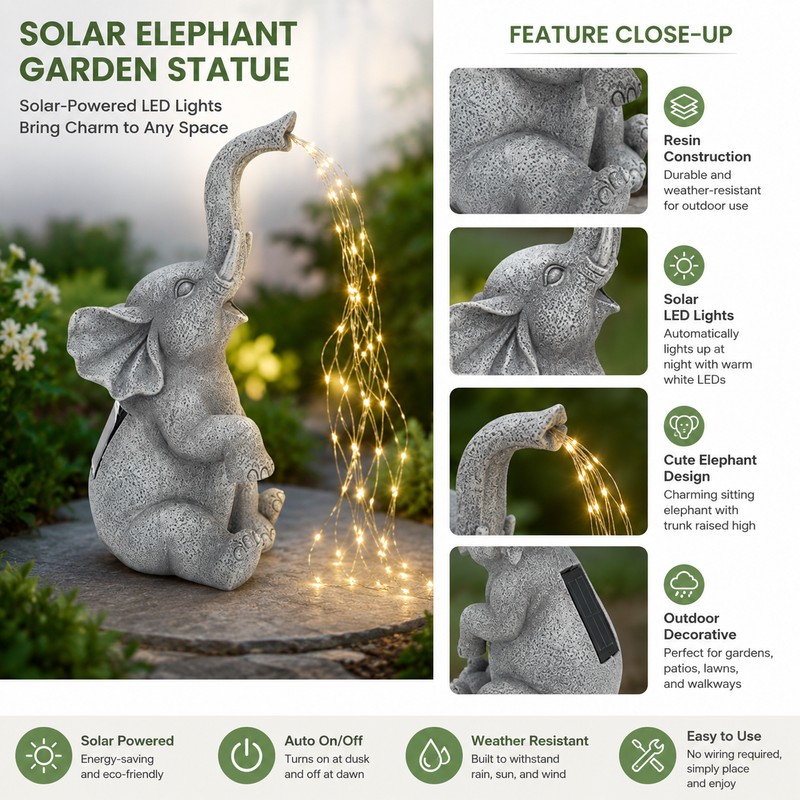 Solar Elephant Garden Statue with LED String Lights – Resin