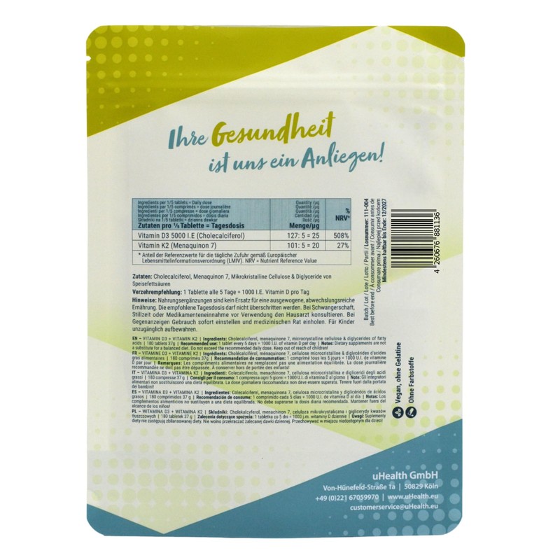Vitamin D3 (5000 IU) + Vitamin K2 (100 μg), Cholecalciferol,