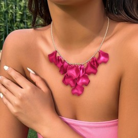 Ever Faith Hot Pink Necklaces for Women, Pink Flower Rose Petal Statement Bib Collar Necklace Floral Jewelry Accessories for Wedding Party
