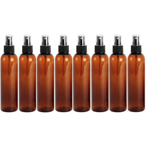 4 Ounce Cosmo Round Bottles, PET Plastic Empty Refillable BPA-Free, with Black Ribbed Fine Mist Pump Spray Caps (Pack of 8) (Amber)