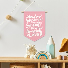 MNASAIOO Pink Inspirational Girly Kids Room Decor, You Are Wonderful Strong Banner Canvas, Preppy Nursery Positive Wall Hanging Frame Decor Art Pennant Flag for Playroom Toddler Room Preschool 11x15in