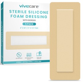 ViveCare Silicone Foam Dressing 4x10 with Border Adhesive - Bed Sore Bandage Foam Wound Dressing - Silicone Bordered Foam Dressing with Adhesive Border - Pressure Sore & Ulcer Wound Patches (5 Pack)