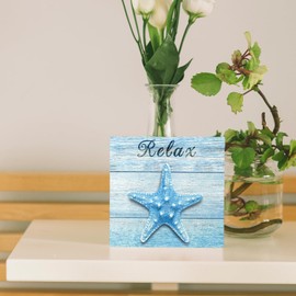 UNCDLV Relax Beach Signs Decor, Rustic Ocean Starfish Blue Wooden Box Sign for Coastal Beach House Bathroom Desk Shelf Decor, Decorations for Home Coastal, 5x5 Inch