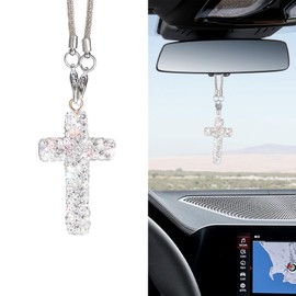 HQRNYP Bling Car Hanging Ornament, Car Mirror Hanging Accessories, Cross Crystal Rhinestone Vehicle Rear View Mirror Pendant, Crystal Auto Rear View Mirror Charms Decoration for Women Girls (Silver)