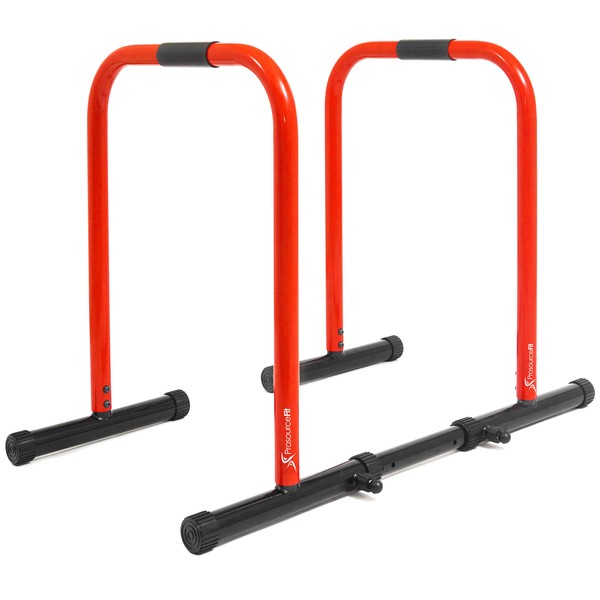 ProsourceFit Dip Stand Station, Heavy Duty Ultimate Body Press Bar with Safety Connector for Tricep Dips, Pull-Ups, Push-Ups, L-Sits Lite Red