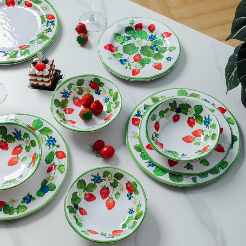 LEHAHA Strawberry Melamine Dinnerware Sets-12pcs Plates and Bowls Set, Lightweight/Unbreakable