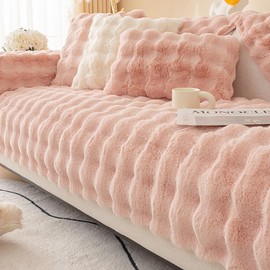 Thick Plush Faux Rabbit Fur Sofa Cover, Non-Slip Warm Soft Couch Covers 1 2 3 4-Seater, L Shape Sofa Covers Sofa slipcover, for Dogs and Pets Machine Washable Slipcover (Pink,90X180cm)