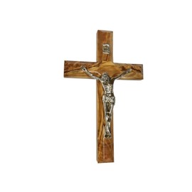 Bethlehem Gifts TM Bethlehem Olive Wood Wall Cross with Silver Crucifix (5 INCHES)