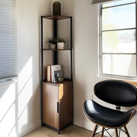 Mitus Corner Shelf Tower with Storage Cabinet, Modern Display Bookshelf Stand, Plant Shelf for House Décor, Living Room, Bar, Office, Kitchen, Bathroom, Bedroom - 65" H Rustic Brown