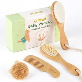 Baby Brush and Comb Set - 4 Piece Wooden Soft Bristle Hairbrush for Newborns, Baby Brush for Cradle Cap - Essentials Care Kit - Baby Shower Gift for B