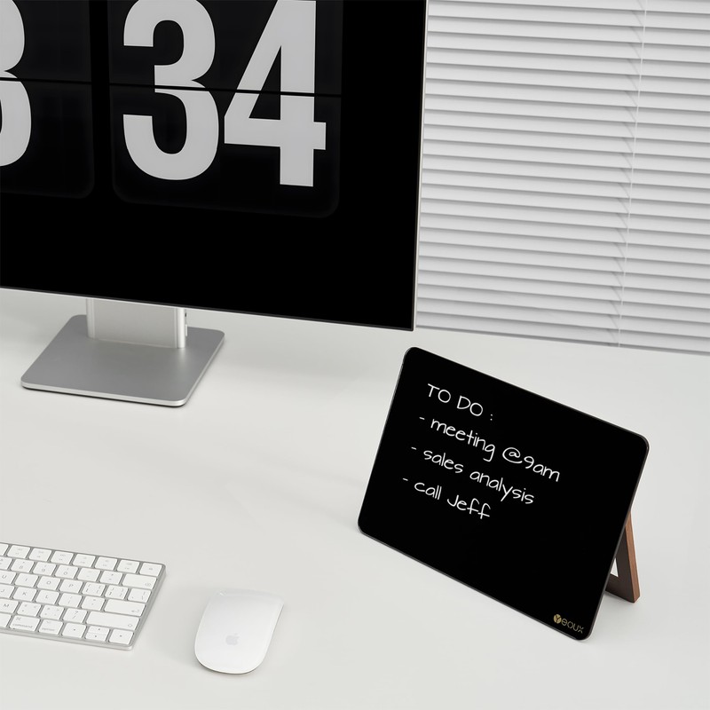 Black Glass Desk Whiteboard with Reversible Wood Stand, Small Portable