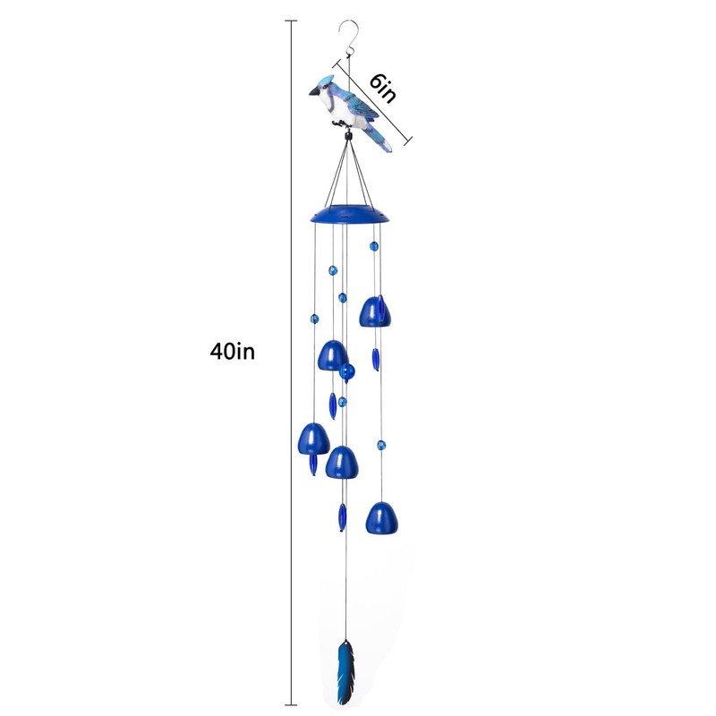 Gardenvy Blue Jay Bird Wind Chimes with Bells, Large Unique