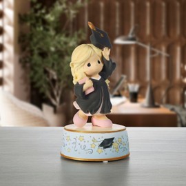 Precious Moments Resin Figurine: Graduation Musical with Blonde Girl in Black Gown, Celebratory Keepsake for Graduation from Kindergarten to Grad School, Plays Pomp and Circumstance