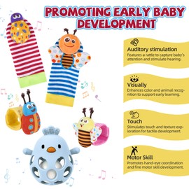 MCGMITT Baby Rattle Socks and Foot Finder Set, Educational Toy for Newborn 0-12 Months, Baby Shower Gift (Blue Rattles)