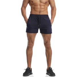 EVERWORTH Pantalones cortos de entrenamiento ligeros para hombre, de secado rápido, con bolsillos con cremallera, Azul Marino, Small