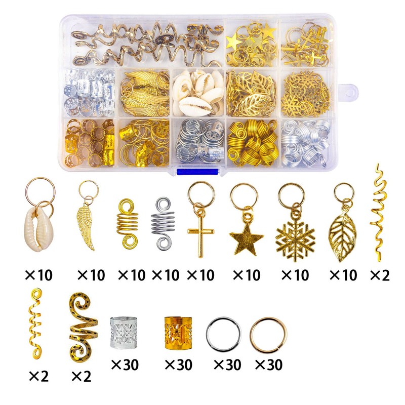 206pcs Dreadlocks Hair Jewelry Rings DIY Alloy Metal Golden Silver