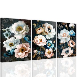 Botanical Pictures Floral Plant Printing Lotus Flower Canvas Wall Art White and Indigo Blue Floral Picture Modern Wall Decor for Girls Gift 3 Piece Canvas 12 * 16 inches Framed