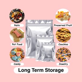 Aluminum Food Storage Bags – 100-Pcs Vacuum Seal Food Storage Bags with 300cc Oxygen Absorbers and Food Labels – Stand Up Resealable Bags for Candy, Snacks, Dried Fruits, Herbs, Jewelry – Size (10 x 14-inch),(6 x 9-inch), 4 x 6-inch).