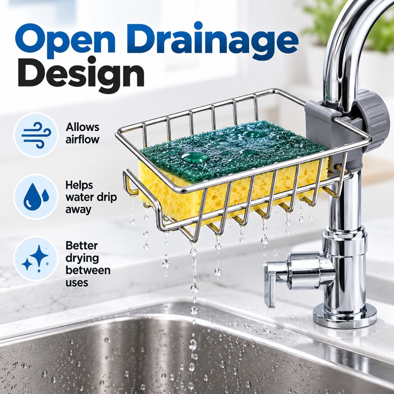 Kitchen Sink Faucet Organizer with Sponge Holder, Drain Rack and