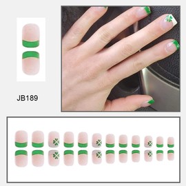 24Pcs St. Patrick's Day Press on Nails - Short French Tip Fake Nails With Designs, Shamrock Green Tips, Glue on Acrylic Full Cover Coffin False Nails for Women