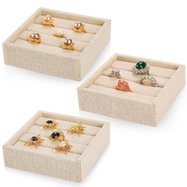 Hedume 3 Pcs Linen 3 Slots Ring Earrings Display Trays, Ring Earrings Organizer Holder Jewelry Tray Box Showcase Display, Stackable Jewelry Organizer Trays, Jewelry Drawer Organizer Inserts
