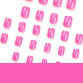 MouyouGlow Press on Nails Short, Squoval Light Deep Neon Pink Plain Glossy Fake Nails with Nail Glue, Rose Pink Colour Solid Artificial Fingernails