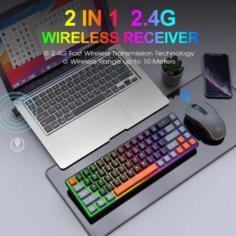 Snpurdiri 60% Wireless Gaming Keyboard and Mouse Combo (Gray-Black-Orange)