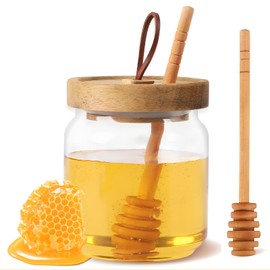 KinomiYa No Drip 18oz Glass Honey Jars with Wooden Dipper & Airtight Lid, Leakproof Kitchen Storage for Raw Honey Pot with Stick