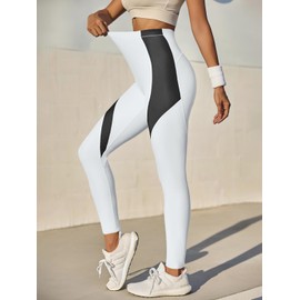 Fisoew Womens High Waisted Leggings Tummy Control Yoga Pants Workout Stretchy Color Block No See Through Leggings White