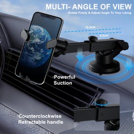 Car Phone Holder 360° Phone Suction Mount Car Dashboard Phone Holder and Windscreen Phone Mount, Adjustable Lever Length, One-Hand Operation, Fits Smartphones up to 8.5cm Wide, Black