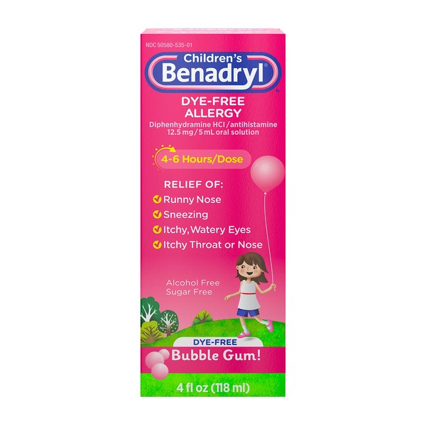 Benadryl Children's Dye-Free Allergy Liquid Bubble Gum Flavored - 4 oz, Pack of 6