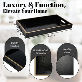 MAONAME Faux Leather Tray, Rectangular Serving Tray with Handles, Black Decorative Trays for Coffee Table, Shagreen Ottoman Trays for Living Room, Office, 17" x 12"