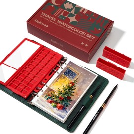 LIGHTWISH Watercolor Sketchbook Set Loose Leaf Style 100% Cotton Hot Press A7 Size 17x10cm with 36 Holes Ceramic Palette & 2 Travel Watercolor Brushes for Outdoor Sketching