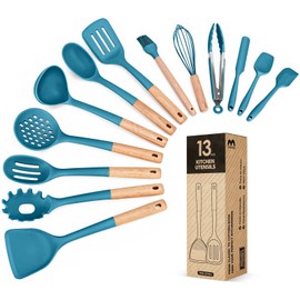 Kitchen Utensils Set, 13PCS Silicone Cooking Utensils, Heat Resistant Kitchen Utensil Spatula Set for Nonstick Cookware, Wooden Handles Kitchen Gadgets Tools Set (BLUE)