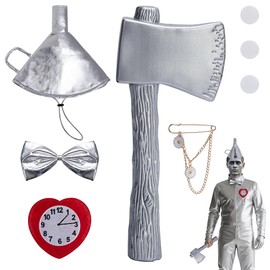 LFUTARI 5 Pcs Halloween Funnel Hat and Axe Costume Accessories, Silver Funnel Hat Axe Costume Set Including Heart Clock Brooch Bow Tie for Man Women Halloween Cosplay Theme Party Accessory