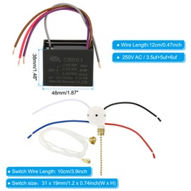 PATIKIL CBB61 Ceiling Fan Capacitor, 1Set 3.5+5+6uF 250V AC 50/60HZ 4 Wires with 3 Speed Fan Switch for Air Conditioner Fan Motor Star Run Capacitors